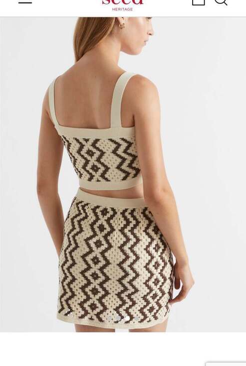 Seed Heritage Crochet Knit Crop Top & Skirt Set Brown Cream Boho Size Small - Picture 3 of 9
